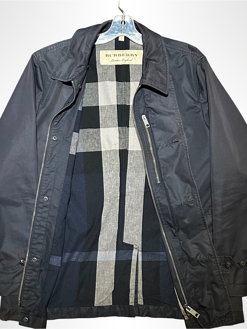 Burberry London Mens Check Car Coat Jacket Dark Navy Grey L (authentic)